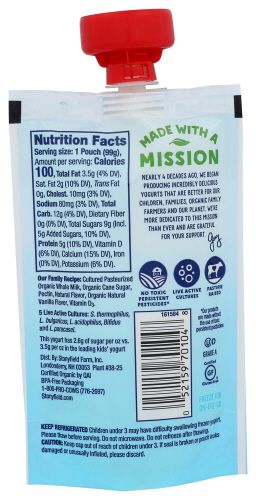 Stonyfield Organic Kids Vanilla Whole Milk Yogurt Pouch, 3.5 oz